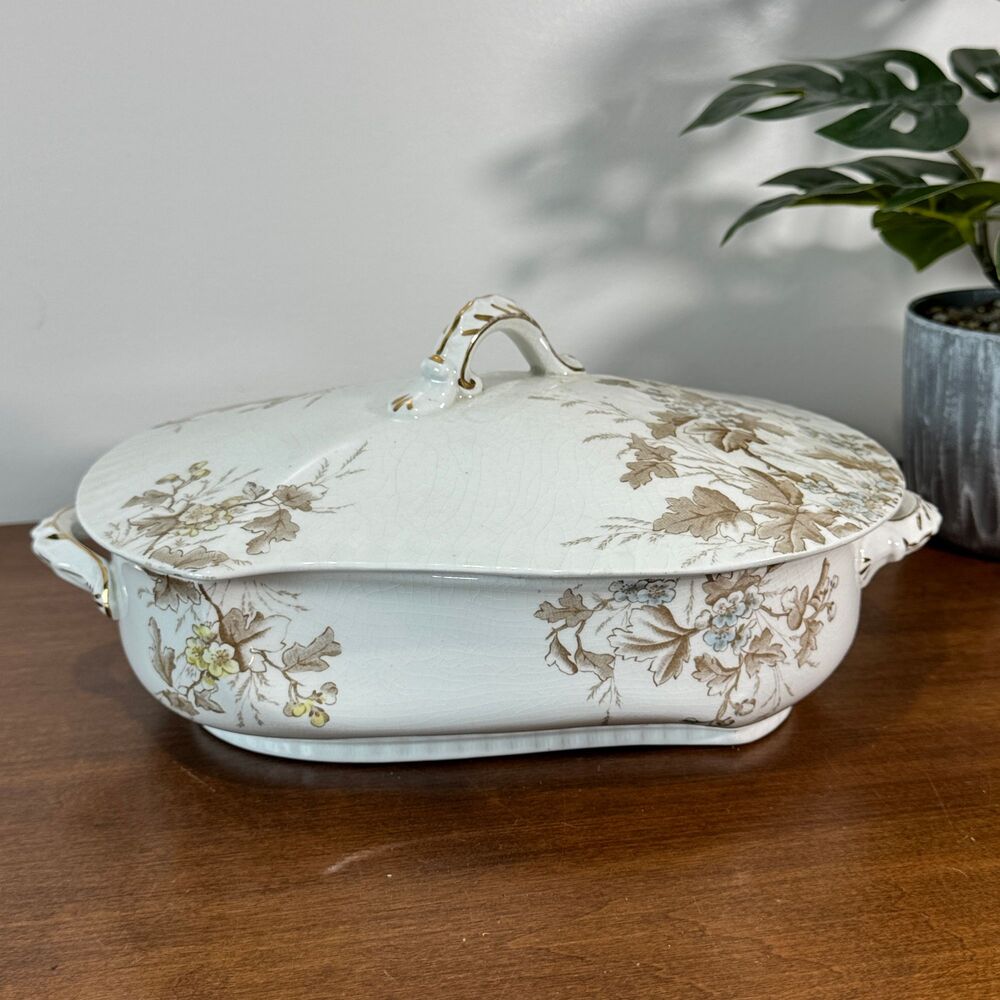 Antique Johnson Bros Semi-Porcelain Covered Vegetable Tureen Bowl England Floral